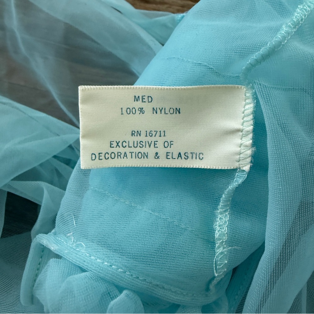 Vintage blue nylon sheer peignoir robe ruffled collar pinup lingerie - Picture 7 of 8